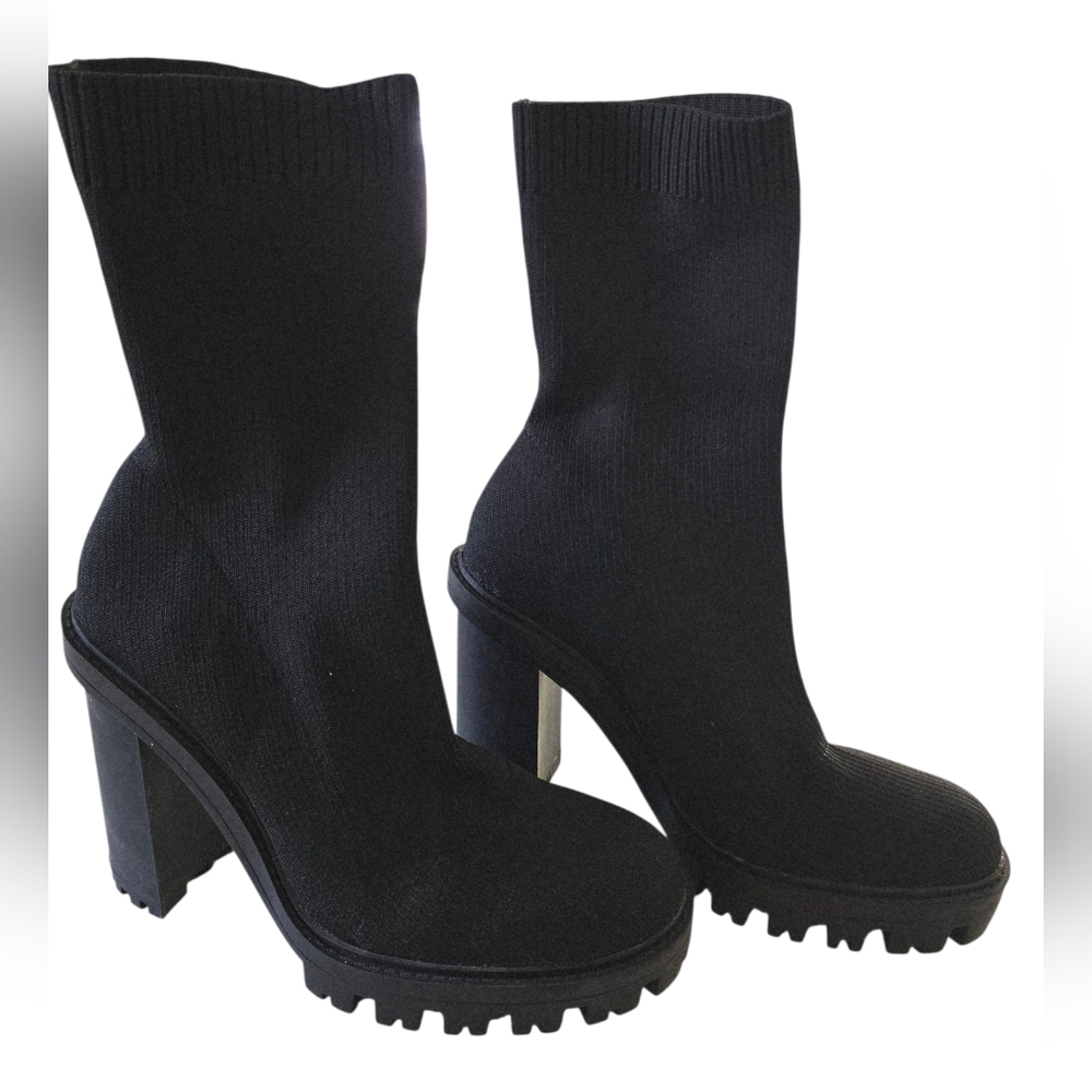 Zara Sock Chunky Heels Black Boots Womens Size 38